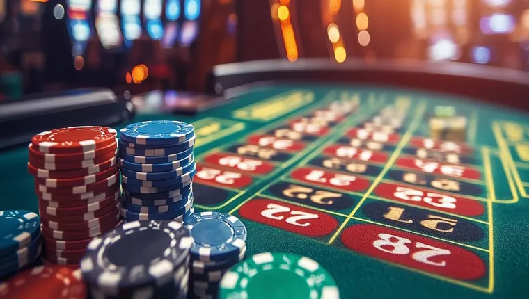 An excited player celebrating a big win at an online casino, with a blurred table game background, capturing the thrilling moment of success and achievement.