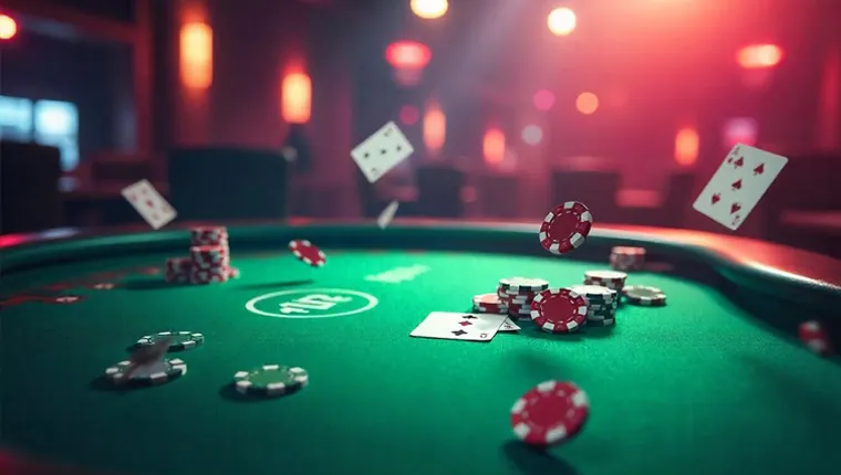 A close-up shot of a blackjack table with cards being dealt and chips stacked, illustrating winning strategies for online blackjack in the Philippines.